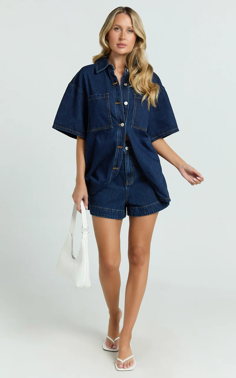 Rhianna Top - Oversized Recycled Denim Short Sleeve Shirt in Indigo Wash