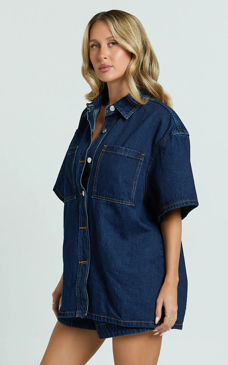 Rhianna Top - Oversized Recycled Denim Short Sleeve Shirt in Indigo Wash