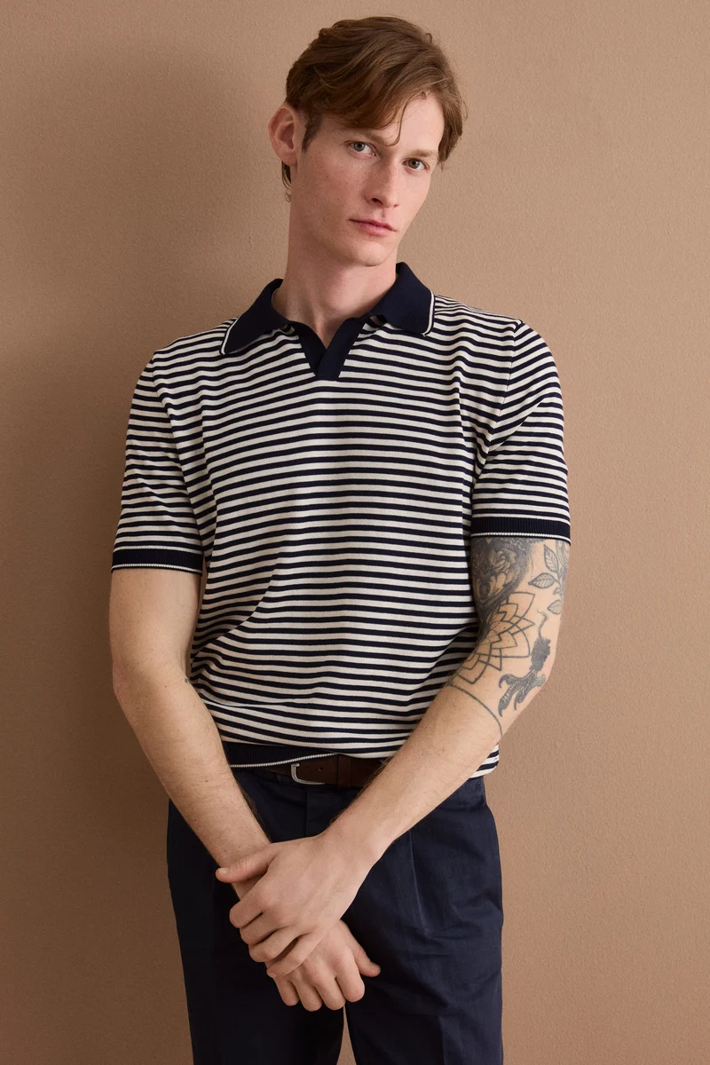 Polo Derby a Righe in Cotone Dry - BLU/PANNA