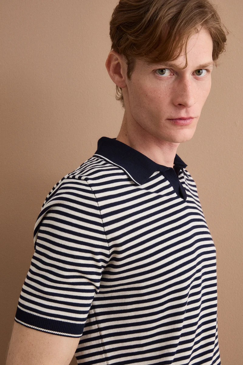 Polo Derby a Righe in Cotone Dry - BLU/PANNA