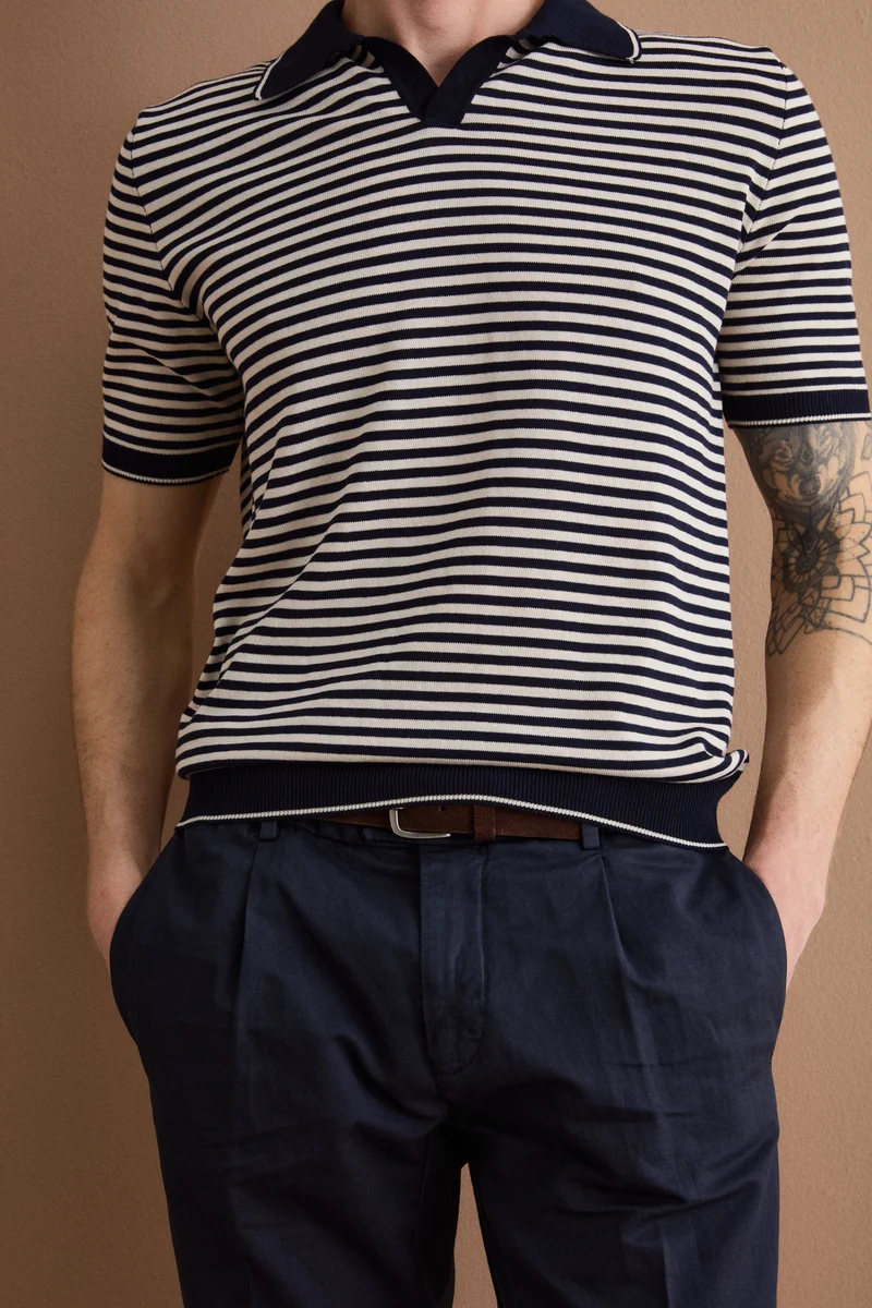 Polo Derby a Righe in Cotone Dry - BLU/PANNA