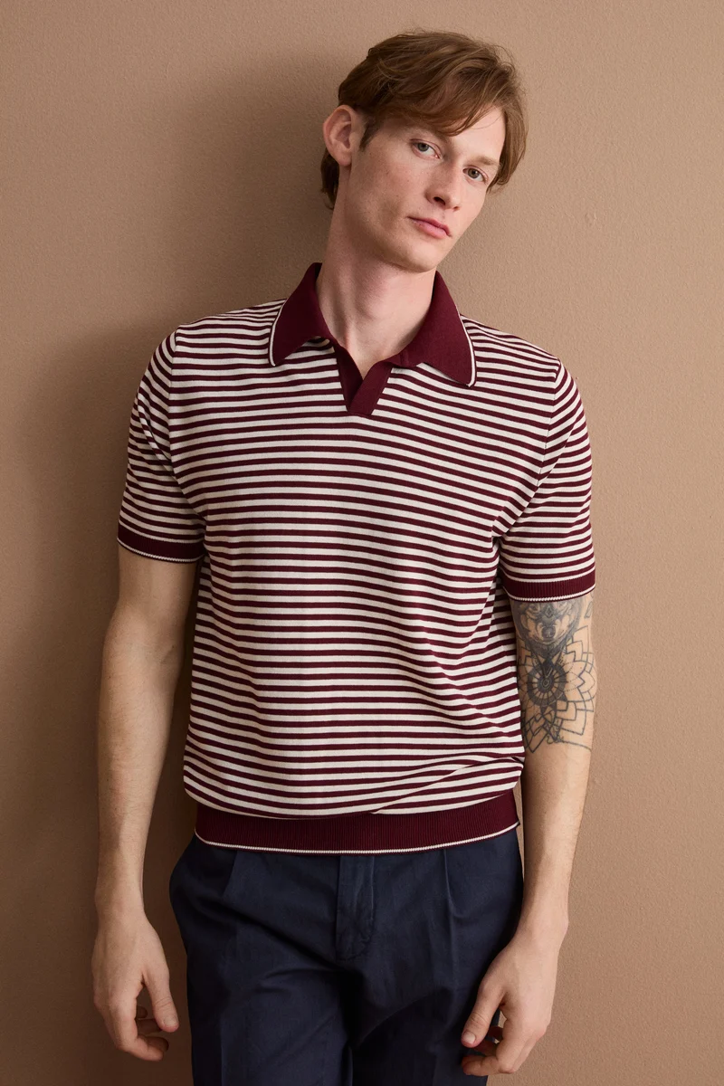 Polo Derby a Righe in Cotone Dry - BORDEAUX/PANNA