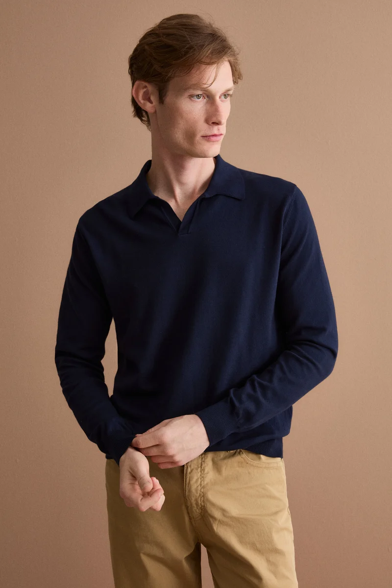 Polo Derby in Cotone con Manica Lunga - BLU