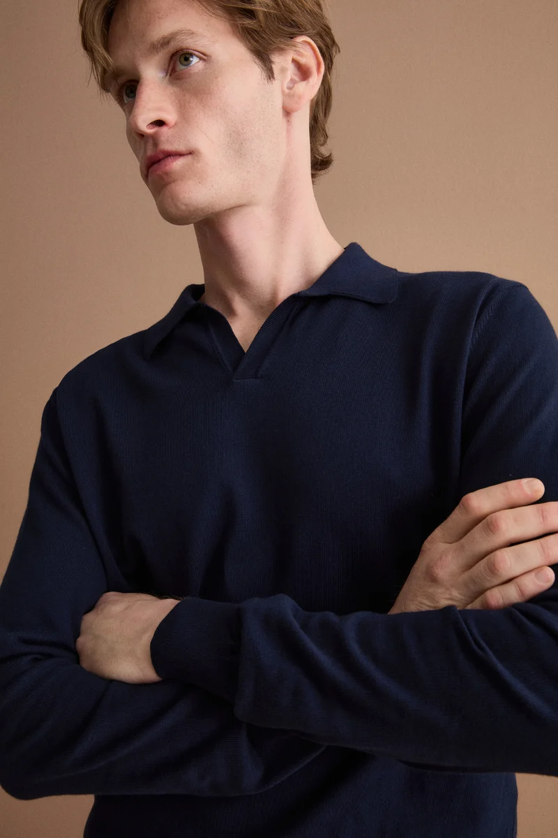 Polo Derby in Cotone con Manica Lunga - BLU