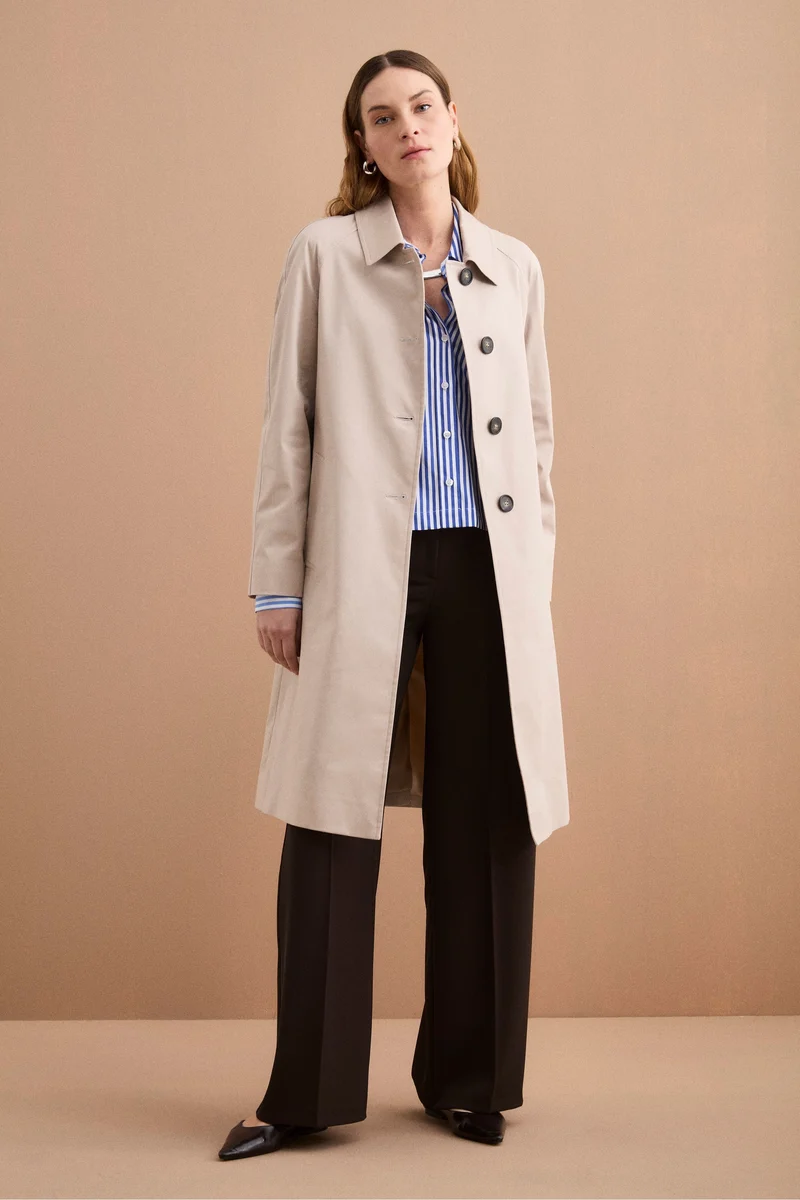 Trench Monopetto Foderato con Collo a Camicia - BEIGE