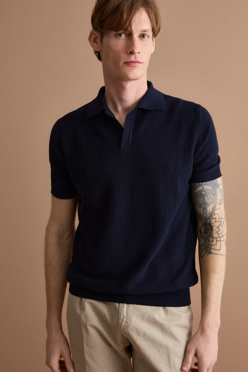 Polo Derby Mezza Manica a Coste in Cotone - BLU