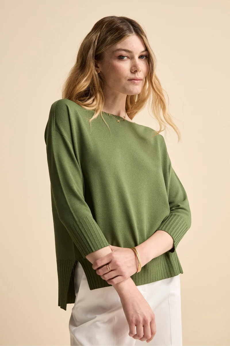 Maglia Over Barchetta con Bordi Lavorati - KAKI
