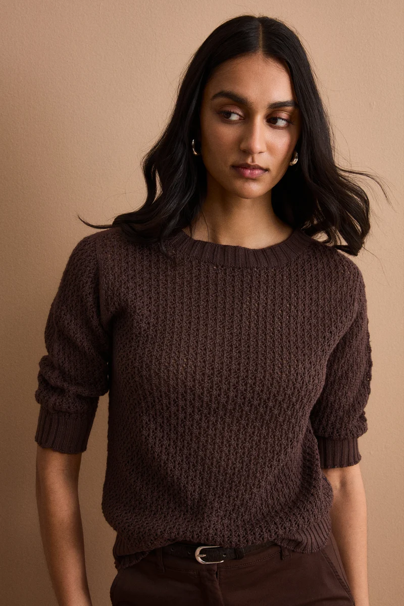 Maglia Traforata in Cotone con Scollo Barchetta - TERRA
