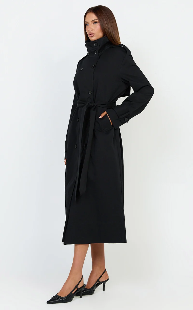 Isla Coat - Funnel Neck Double Breasted Longline Trench Coat in Black