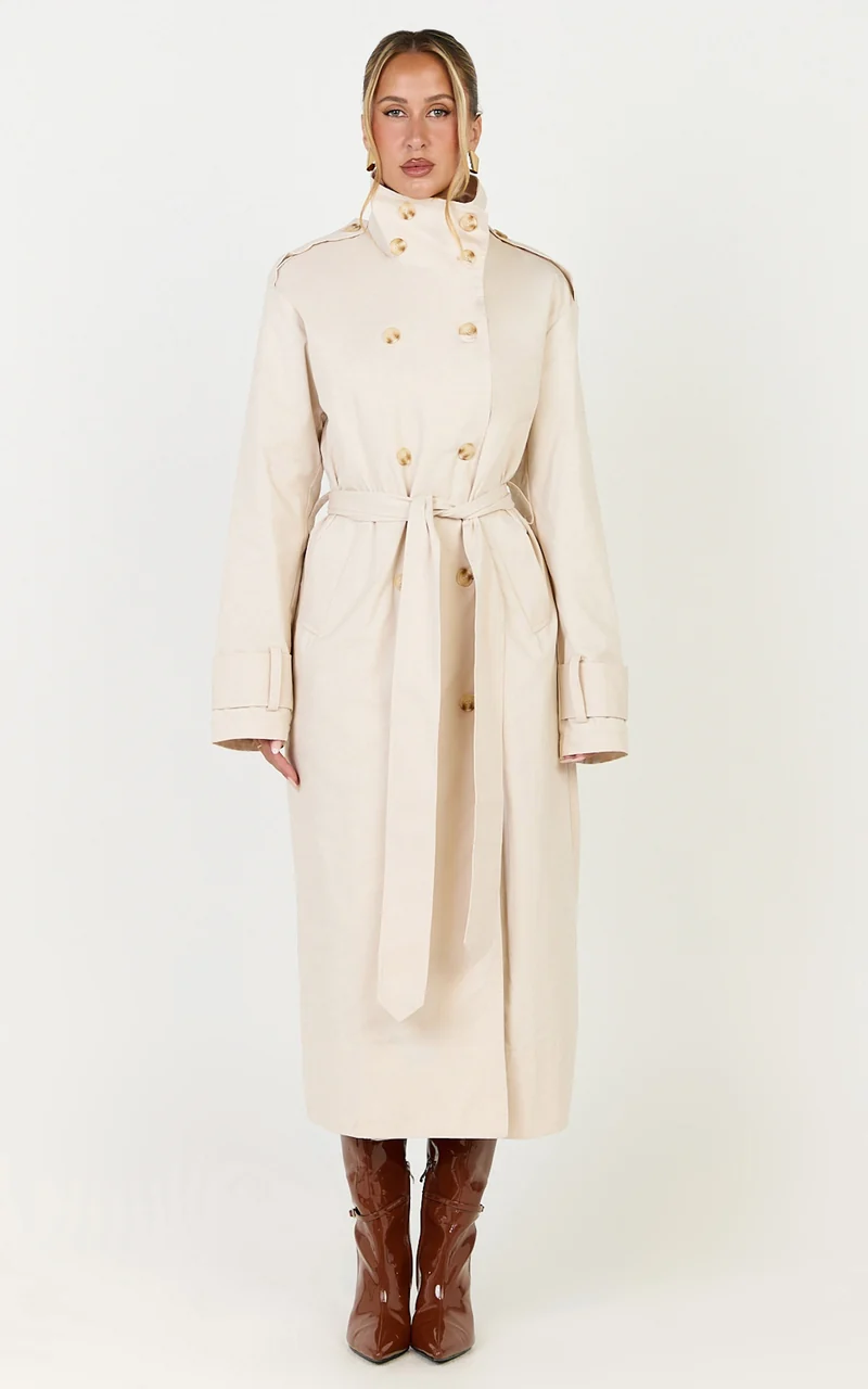 Isla Coat - Funnel Neck Double Breasted Longline Trench Coat in Stone