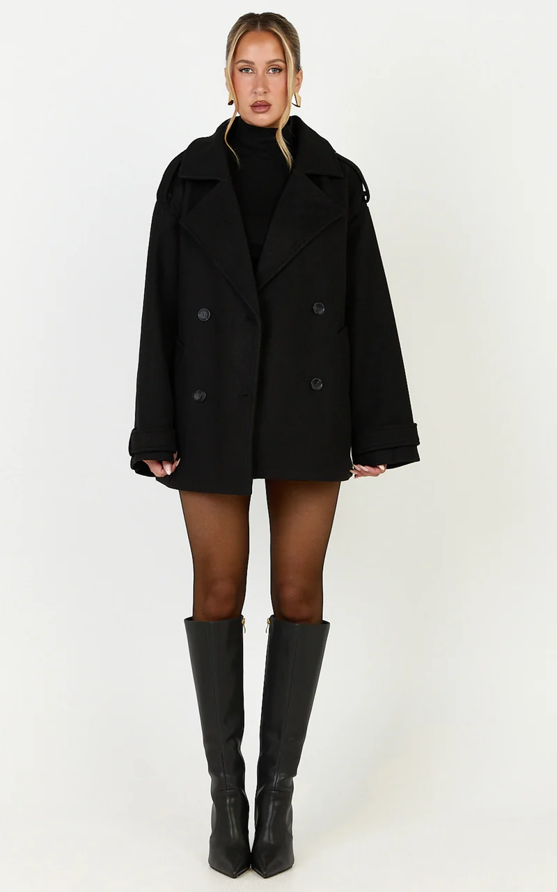 Saskia Coat - Double Breasted Short Wool Like Coat in Black