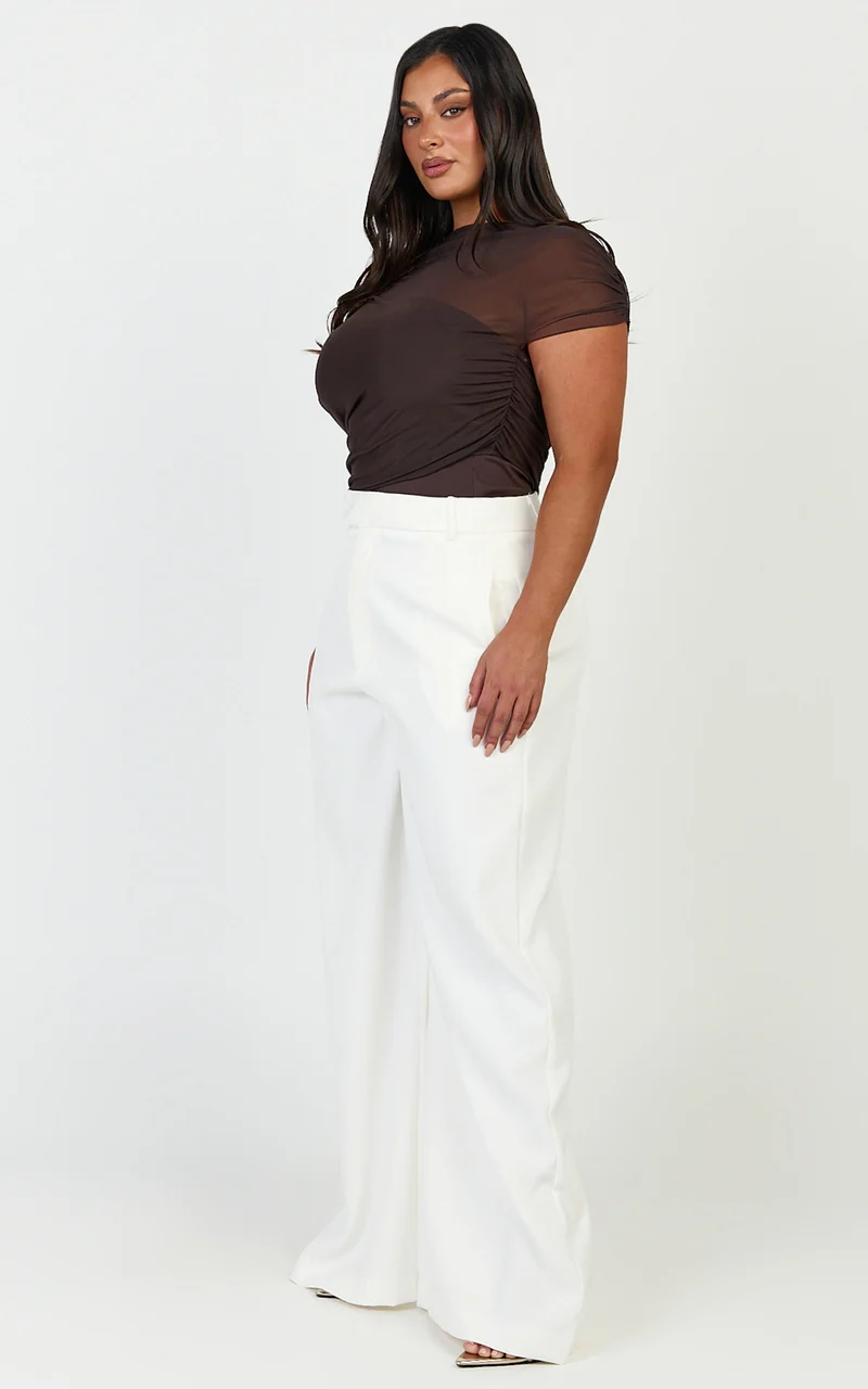 Sophia Top - Draped One Shoulder Mesh Overlay Top in Chocolate