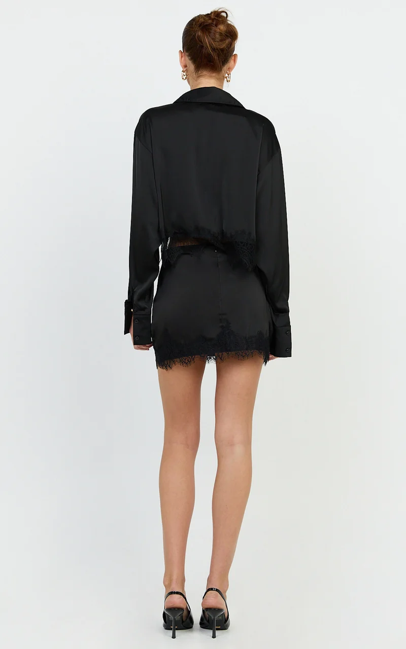 Gabrielle Top - Long Sleeve Shirt With Lace Trim in Black