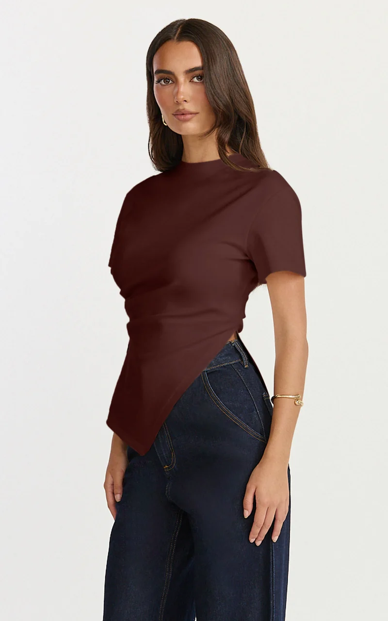 Rosalie Top - Asym Ruched Tshirt in Chocolate