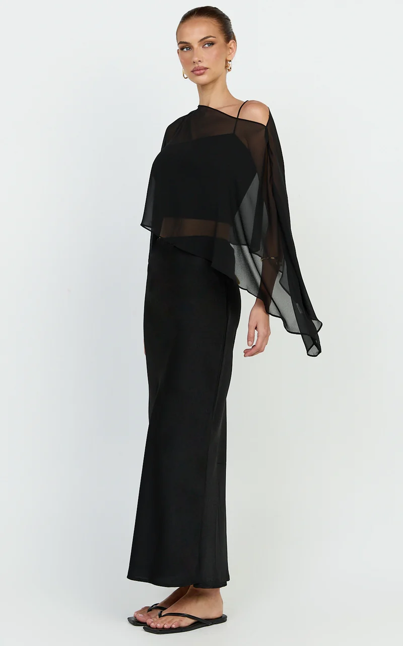 Aya Top - Sheer Off Shoulder Cape Top in Black