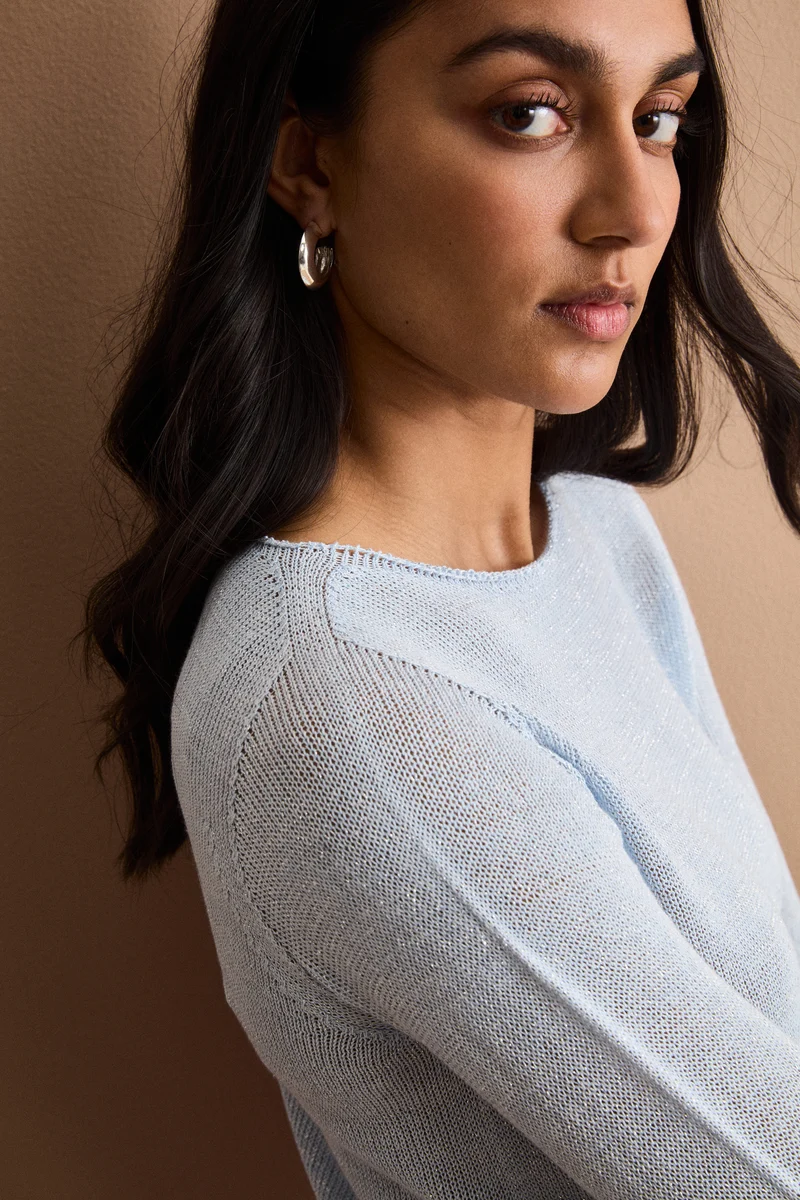 Maglia Lurex in Cotone con Scollo Barchetta - AZZURRO