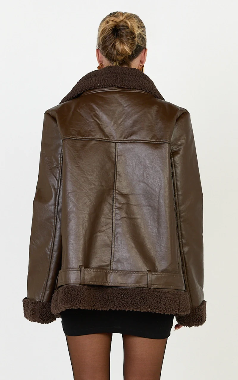 Isolde Jacket - Faux Leather Shearling Biker Jacket in Dark Chocolate