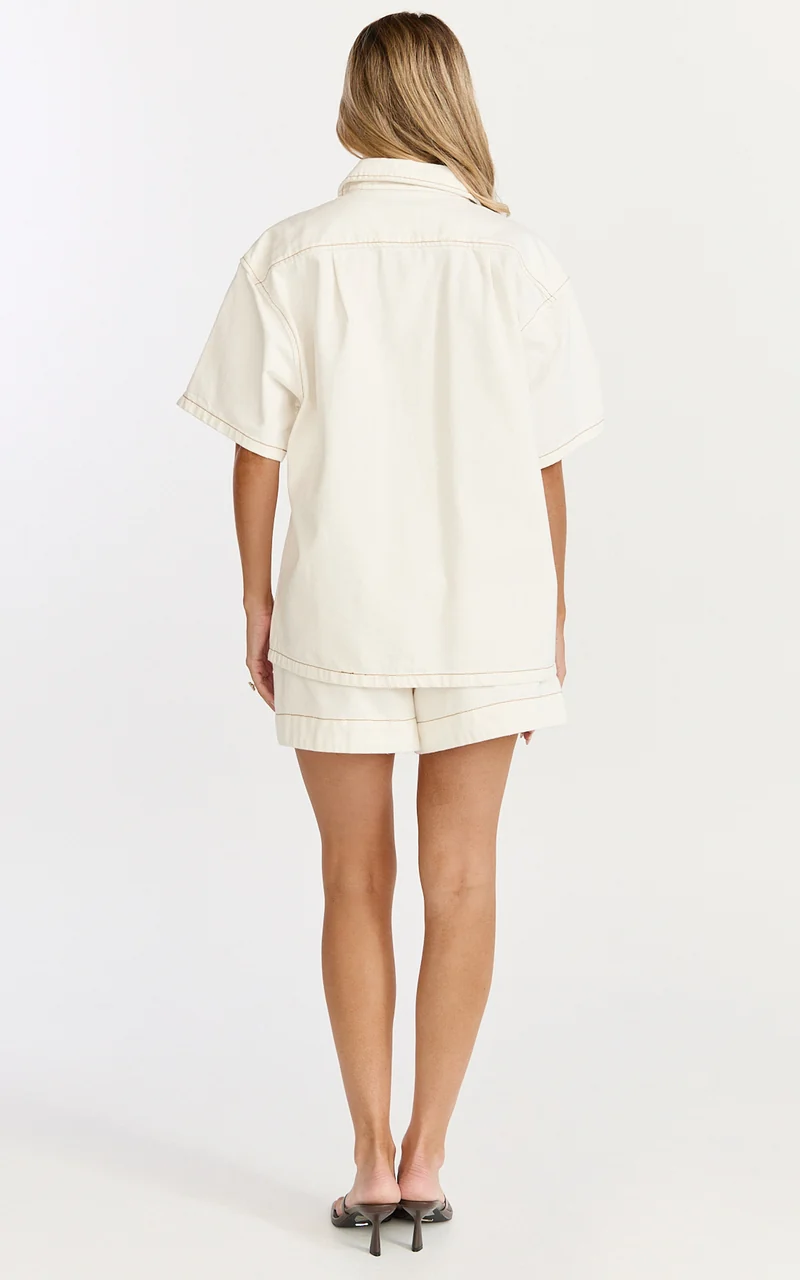 Iris Top - Oversized Recycled Denim Short Sleeve Shirt in Ecru with Contrast Tobacco Stitch