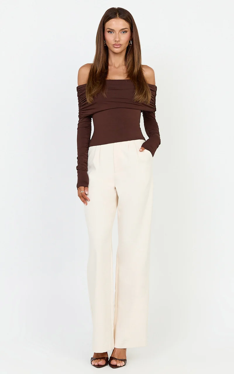 Jolie Top - Off Shoulder Long Sleeve Gathered Top in Chocolate