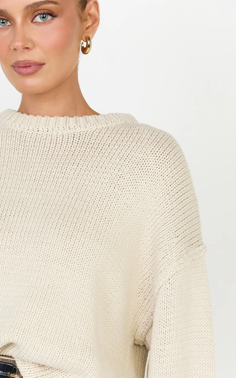 Kira Jumper - Crew Neck Oversized Knit Jumper in Beige