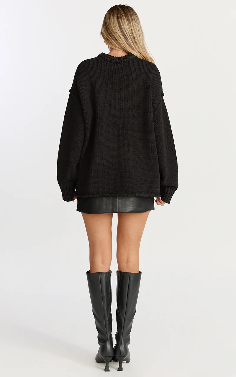 Kira Jumper - Crew Neck Oversized Knit Jumper in Black