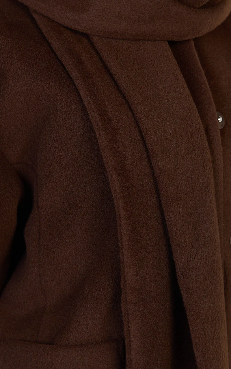 Carys Coat - Oversized Long Sleeve Coat With Neck Scarf in Chocolate