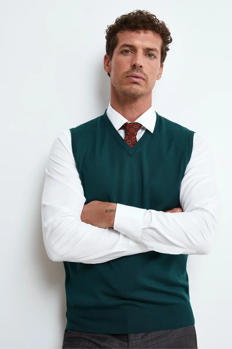 Gilet Scollo a V in Lana Merino - VERDE SCURO