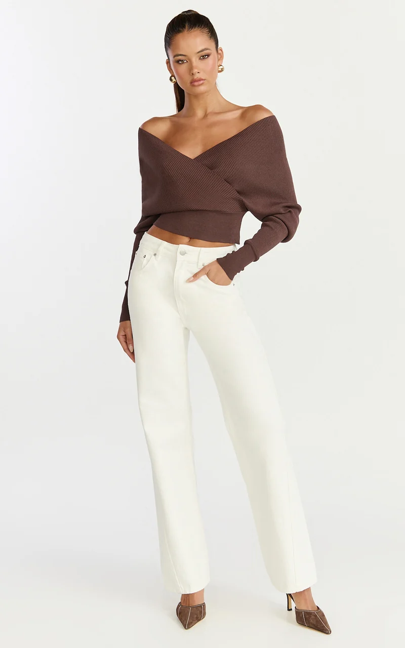 Petra Top - Long Sleeve Wrap Ribbed Knit Top in Chocolate