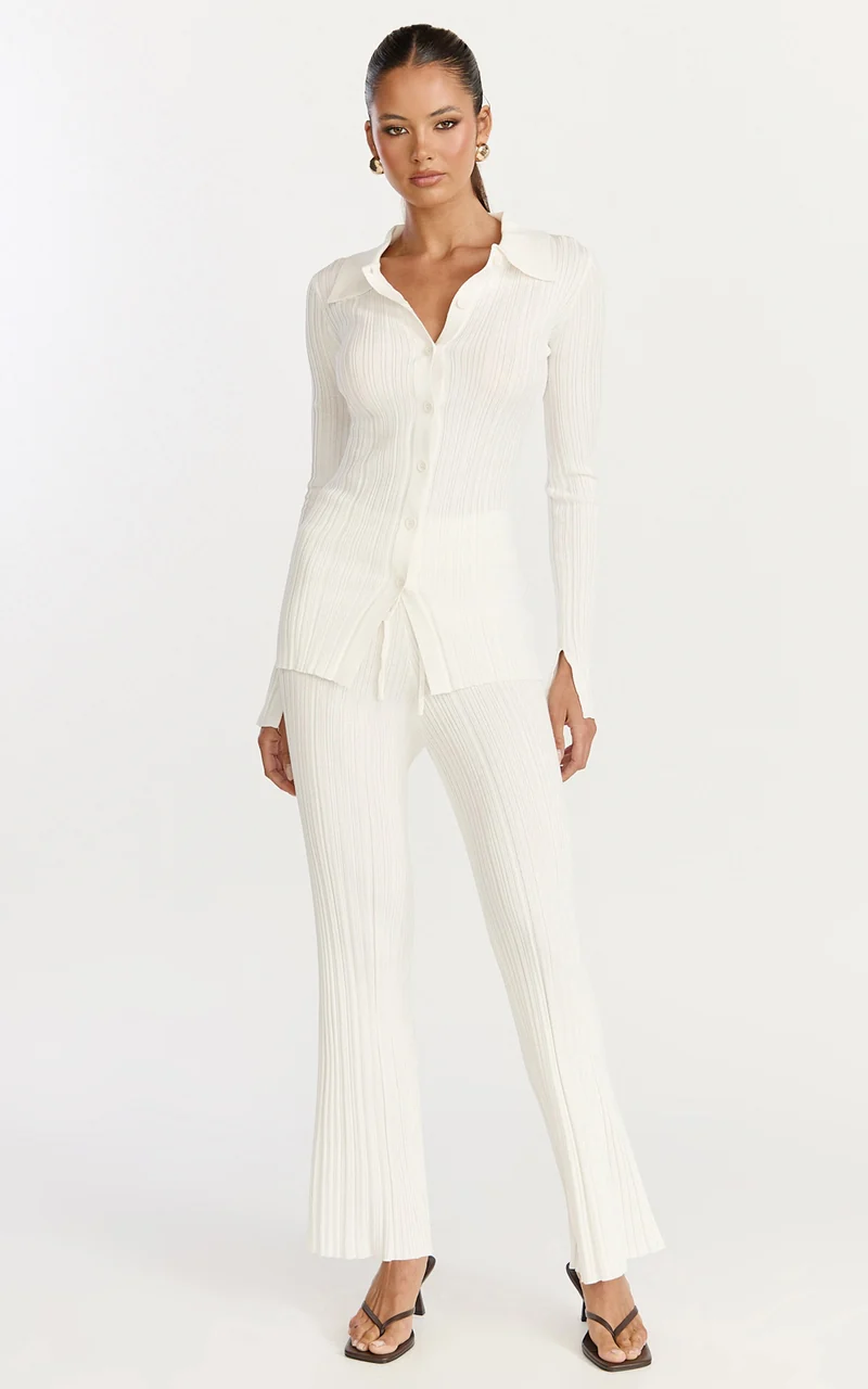 Kelsey Top - Button Through Long Sleeve Knit Top in Cream