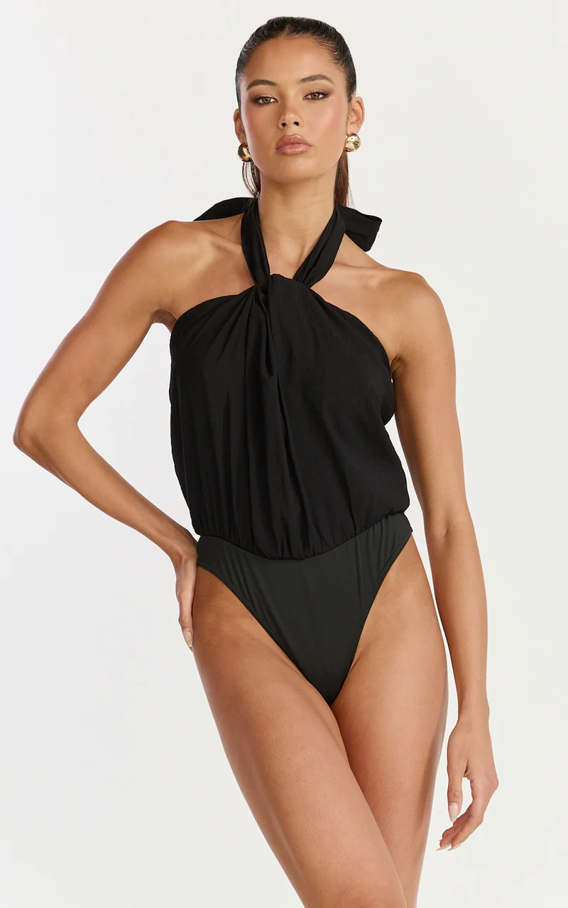 Victoria Bodysuit - Tie Knot Halter Neck Bodysuit in Black
