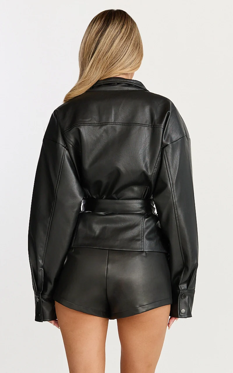 Orielle Jacket - Faux Leather Belted Funnel Neck Jacket in Black