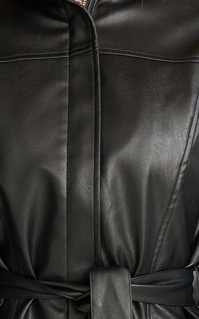 Orielle Jacket - Faux Leather Belted Funnel Neck Jacket in Black