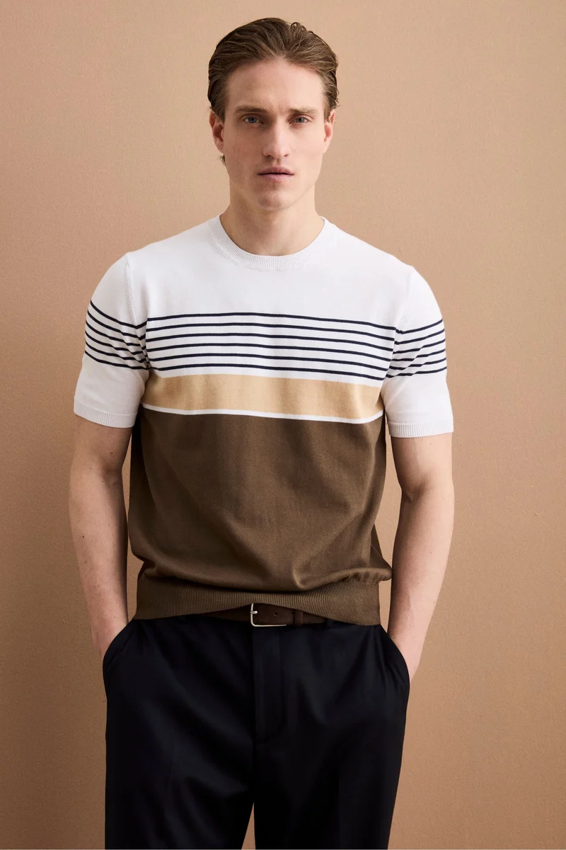 T-Shirt a Righe in Maglia di Cotone - BIANCO RIGATO