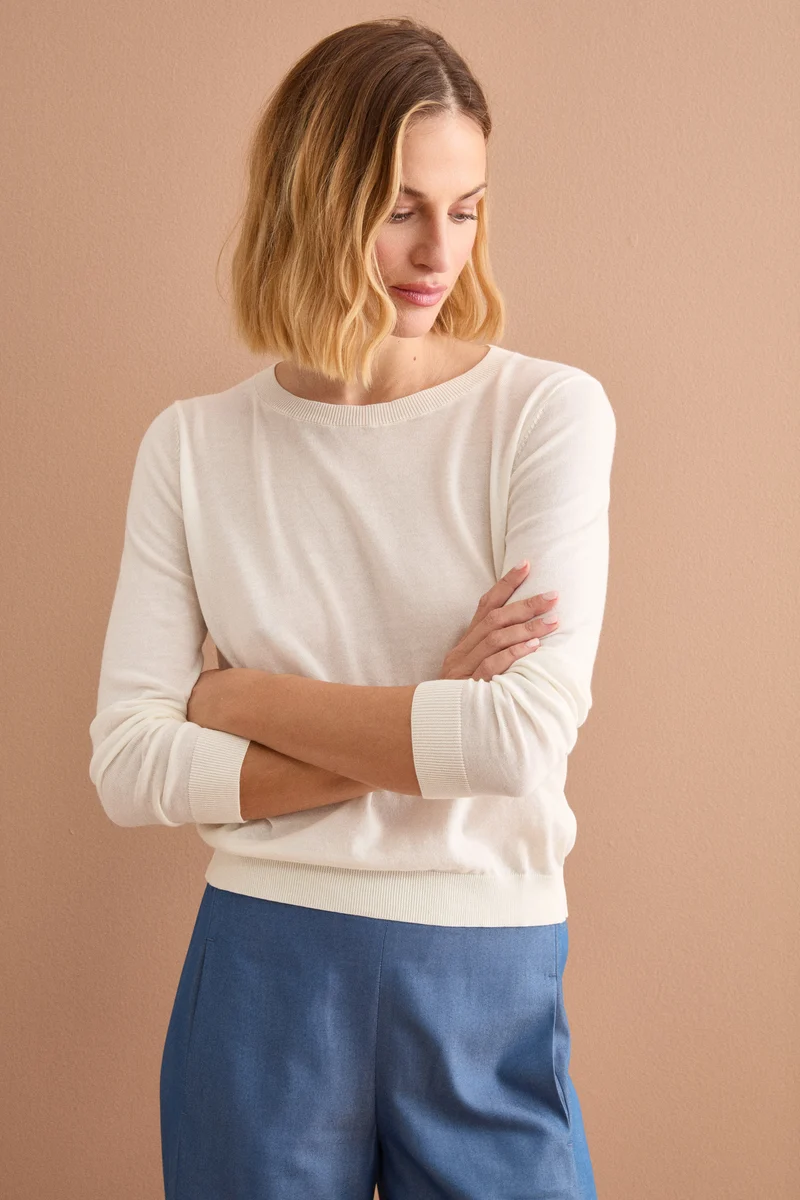 Maglia Girocollo Boxy in Cotone - PANNA