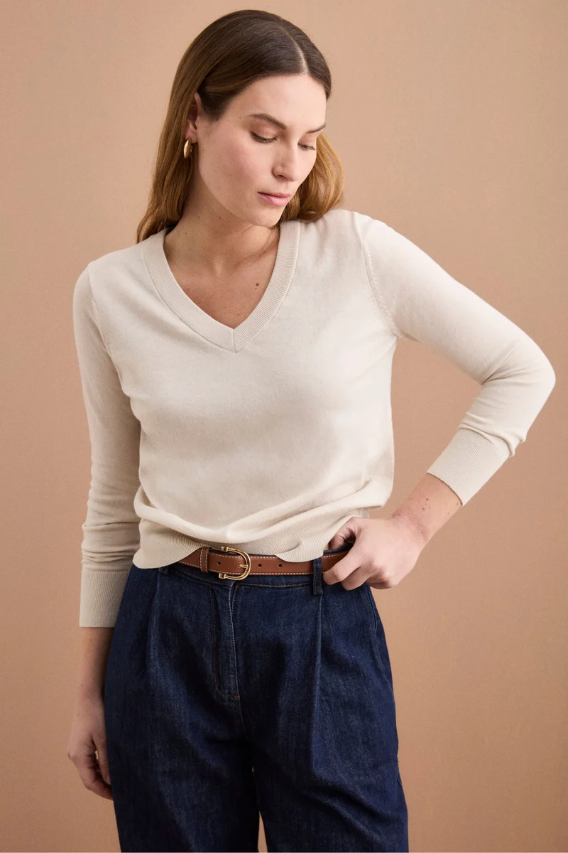 Maglia Boxy in Cotone con Scollo a V - NATURALE