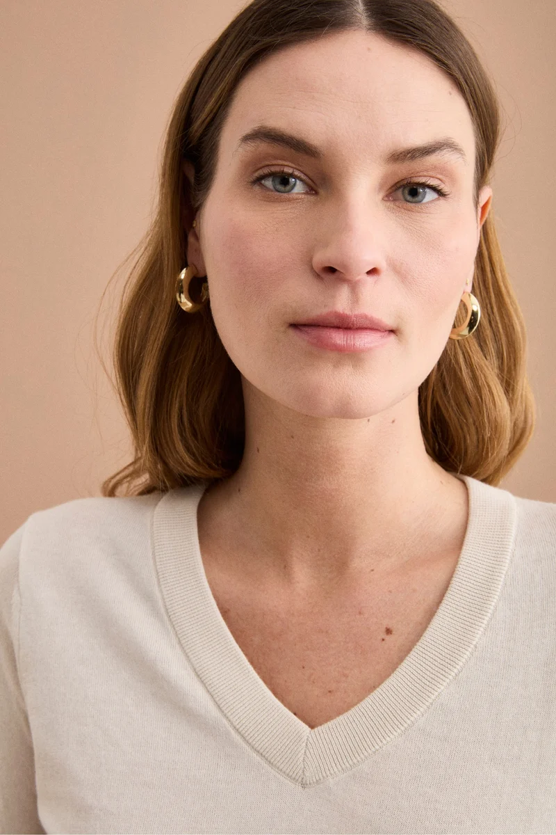 Maglia Boxy in Cotone con Scollo a V - NATURALE