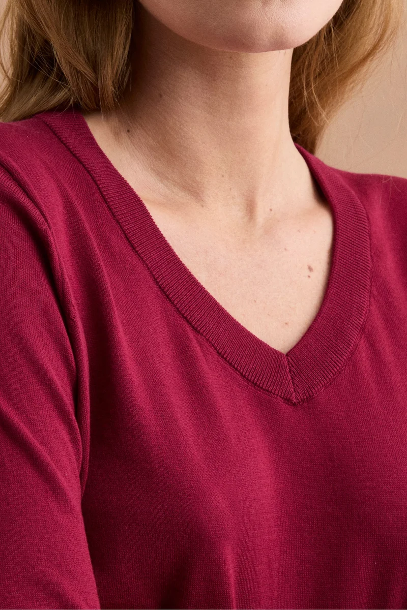 Maglia Boxy in Cotone con Scollo a V - BORDEAUX