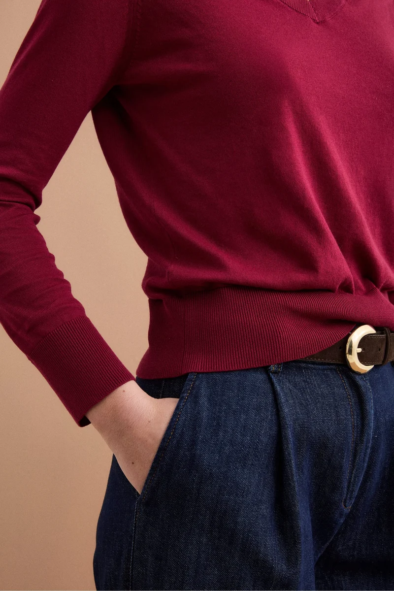 Maglia Boxy in Cotone con Scollo a V - BORDEAUX