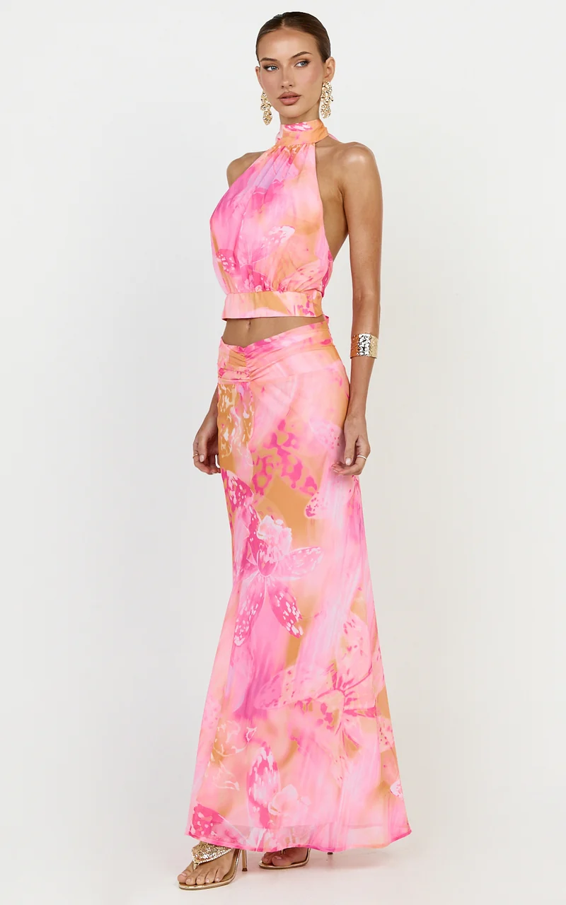 Nova Top - High Neck Georgette Top in Hot House Orchid Print