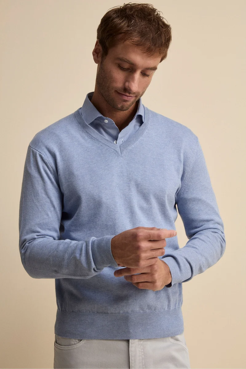 Maglia scollo a V in cotone con Bordi Lavorati - AZZURRO MELANGE