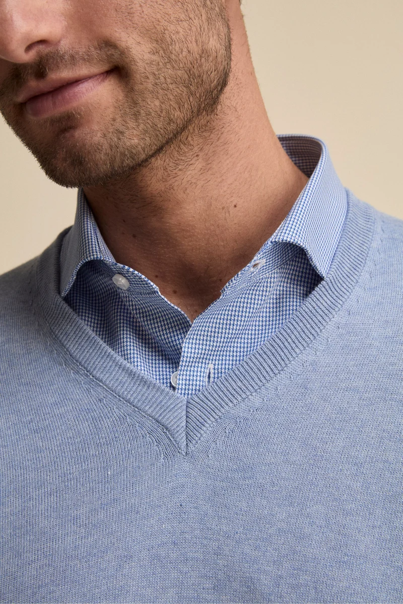 Maglia scollo a V in cotone con Bordi Lavorati - AZZURRO MELANGE
