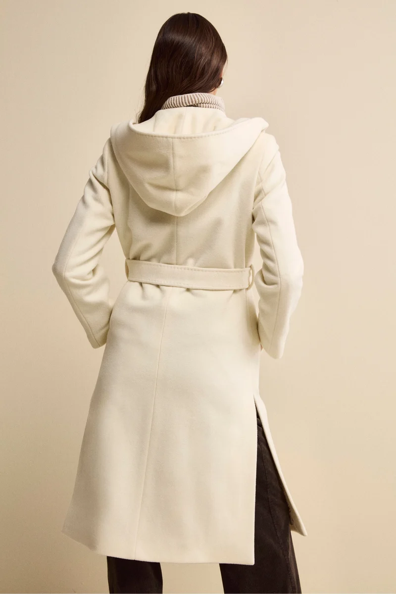 Cappotto Lungo in Lana e Cashmere con Cappuccio - PANNA