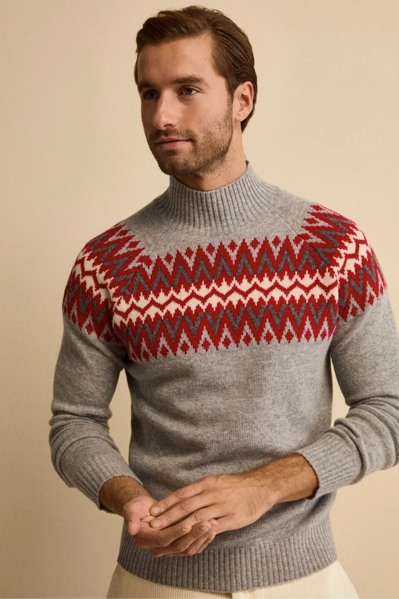 Lupetto Jacquard Norvegese in Lana Merino - GRIGIO/ROSSO