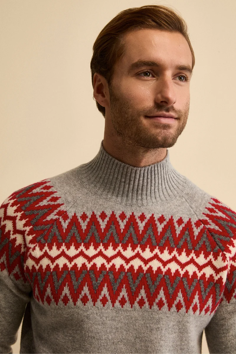 Lupetto Jacquard Norvegese in Lana Merino - GRIGIO/ROSSO