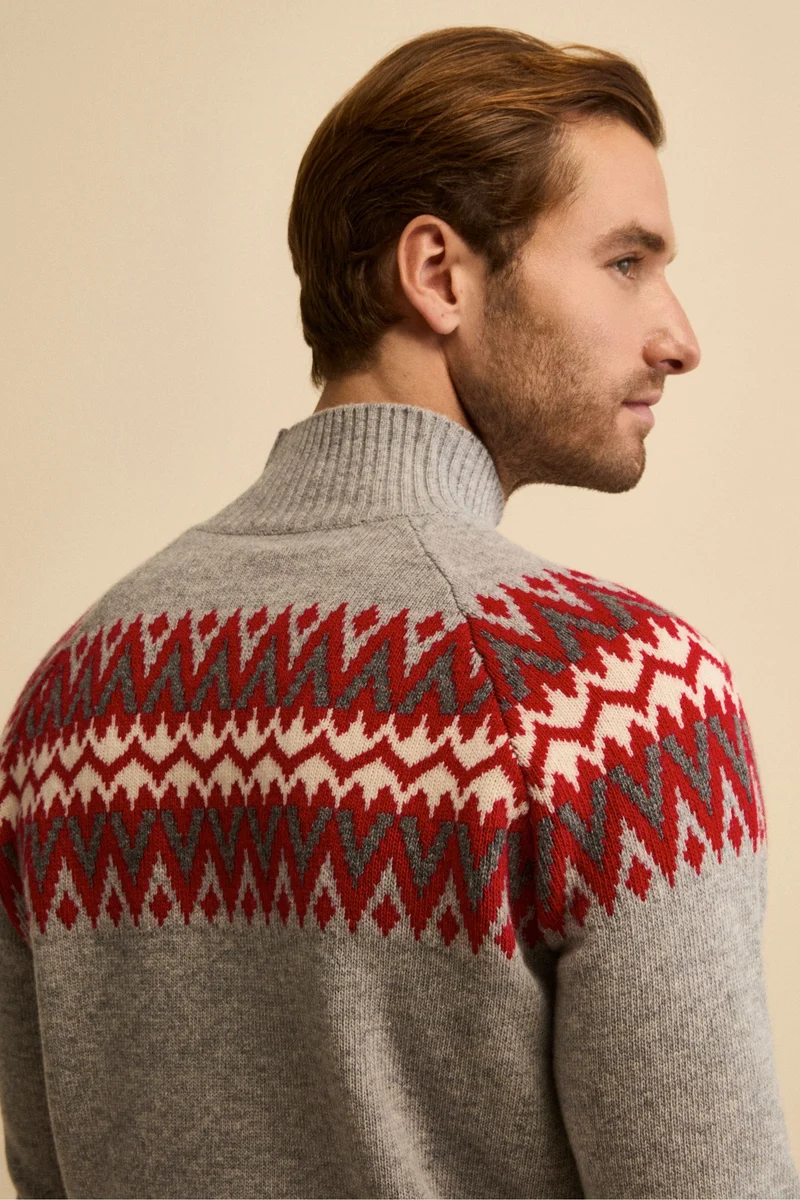 Lupetto Jacquard Norvegese in Lana Merino - GRIGIO/ROSSO