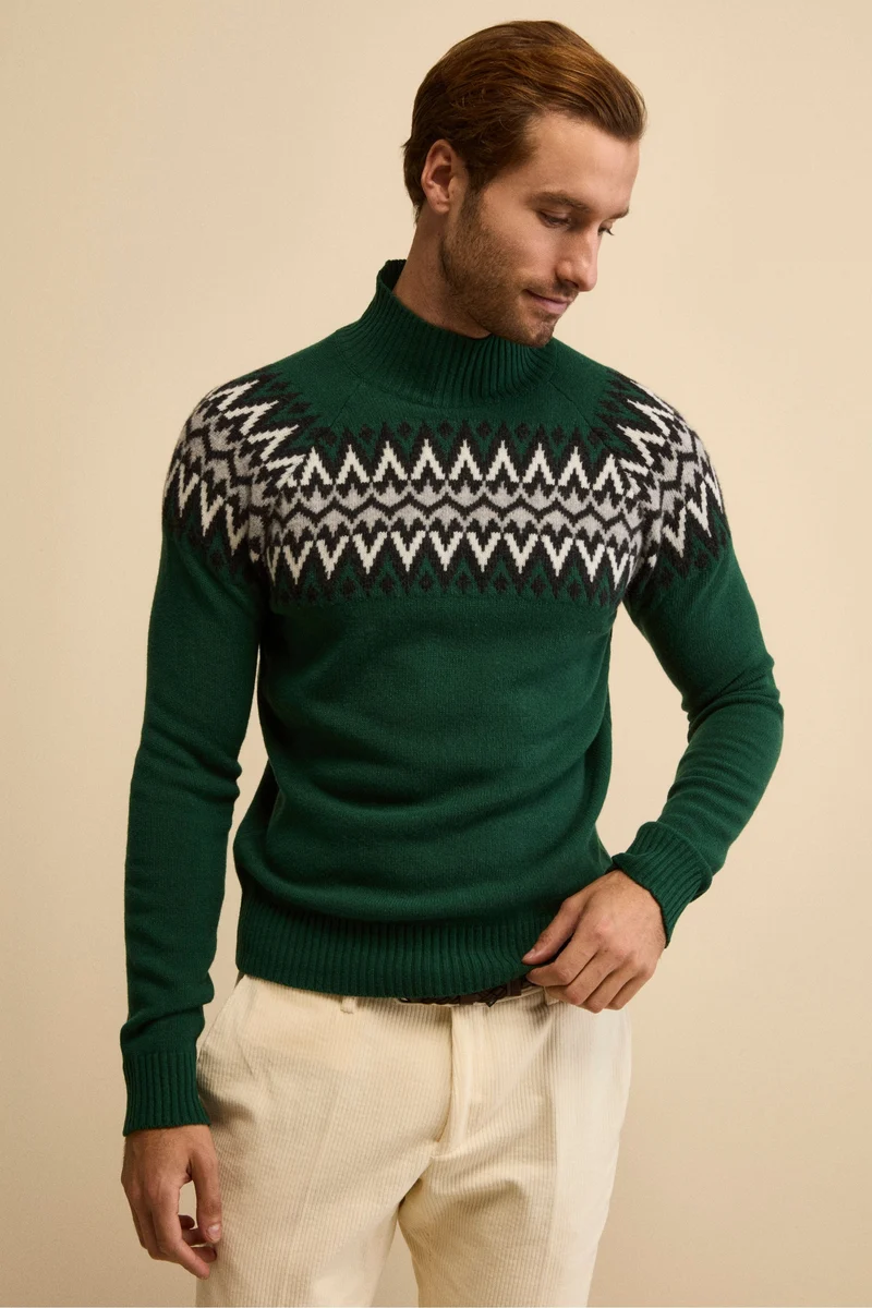 Lupetto Jacquard Norvegese in Lana Merino - VERDE/GRIGIO