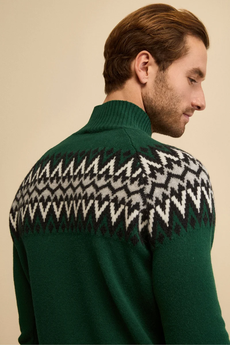 Lupetto Jacquard Norvegese in Lana Merino - VERDE/GRIGIO