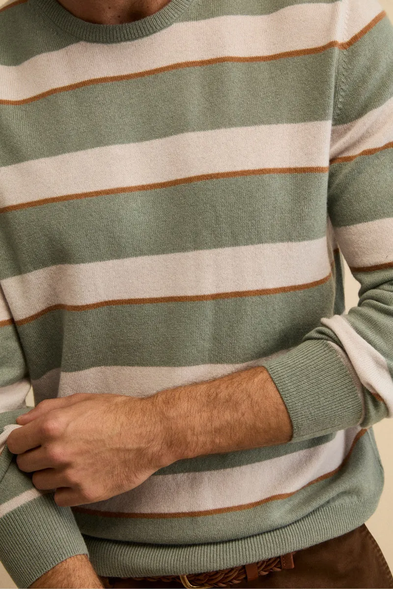 Maglia Girocollo a Righe in Misto Lana e Cashmere - RIGATO VERDE/BEIGE