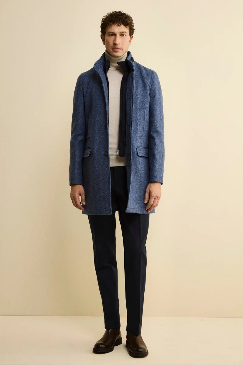 Cappotto Midi Spigato in Misto Lana e Cashmere - AZZURRO MELANGE