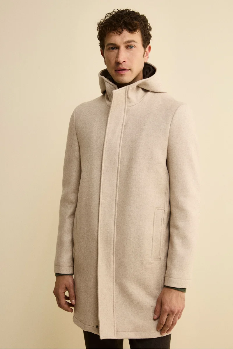 Cappotto Twill in Misto Lana con Zip e Cappuccio - TORTORA